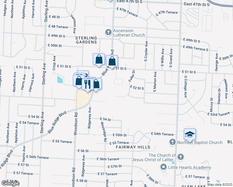 map of restaurants, bars, coffee shops, grocery stores, and more near 5224 Fuller Drive in Kansas City