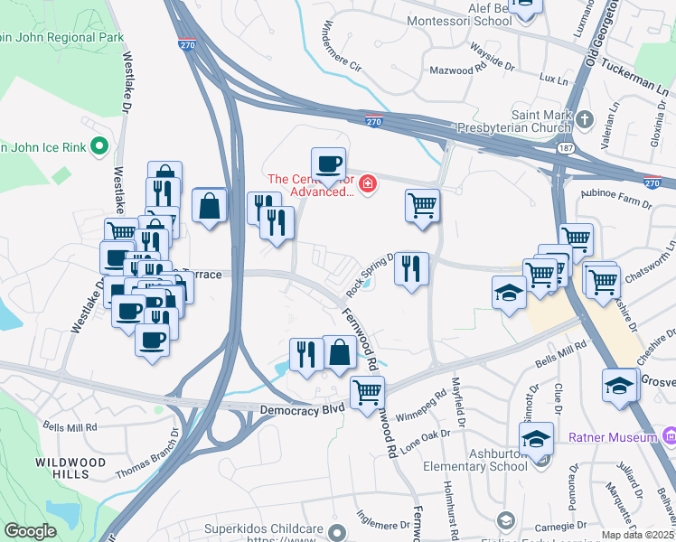 map of restaurants, bars, coffee shops, grocery stores, and more near 6627 Eames Way in Bethesda