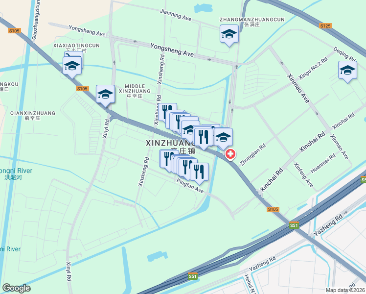 map of restaurants, bars, coffee shops, grocery stores, and more near Jingu Highway in Tianjin