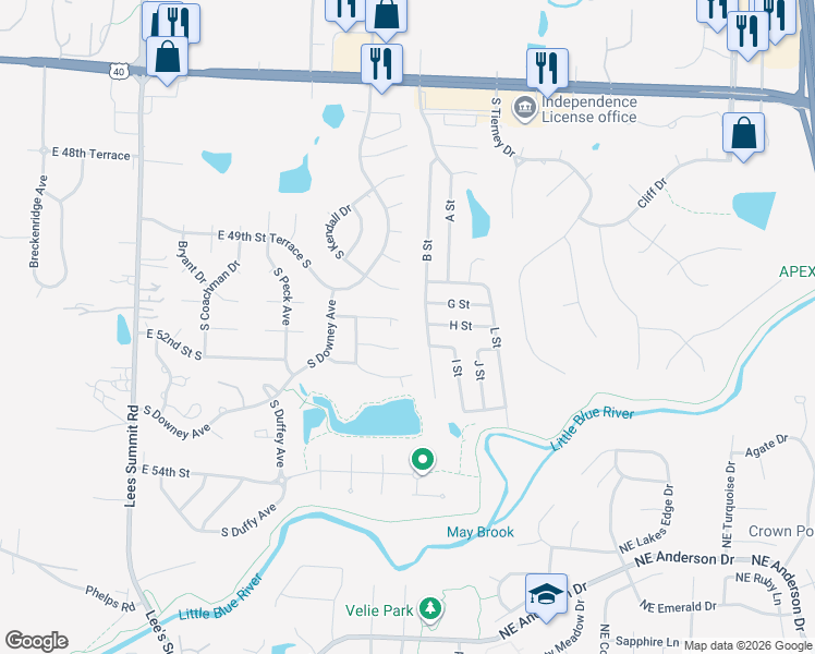 map of restaurants, bars, coffee shops, grocery stores, and more near 17311 East 51st Street Court South in Independence
