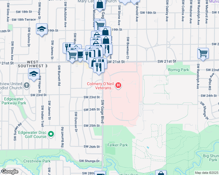 map of restaurants, bars, coffee shops, grocery stores, and more near 2298 Southwest Gage Boulevard in Topeka