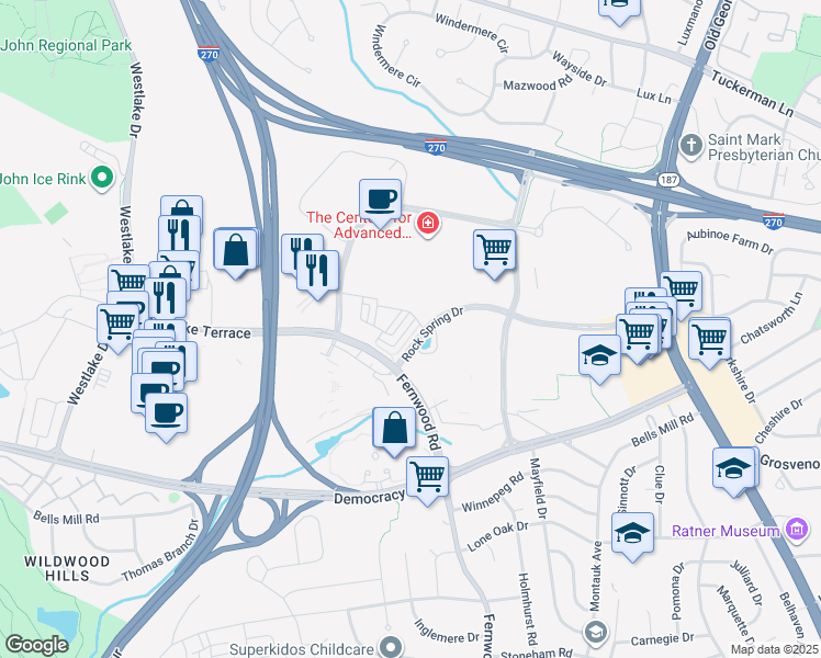 map of restaurants, bars, coffee shops, grocery stores, and more near 6565 Rock Spring Drive in Bethesda