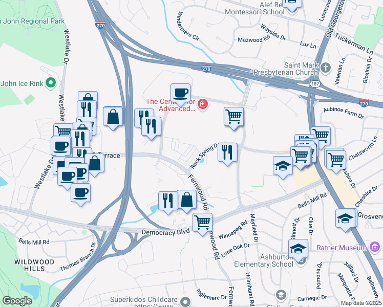 map of restaurants, bars, coffee shops, grocery stores, and more near 6618 Eames Way in Bethesda