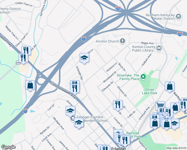 map of restaurants, bars, coffee shops, grocery stores, and more near 3213 Riggs Road in Erlanger