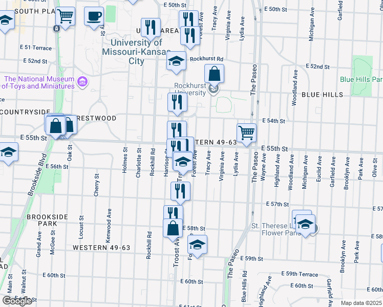 map of restaurants, bars, coffee shops, grocery stores, and more near 5512 Forest Avenue in Kansas City