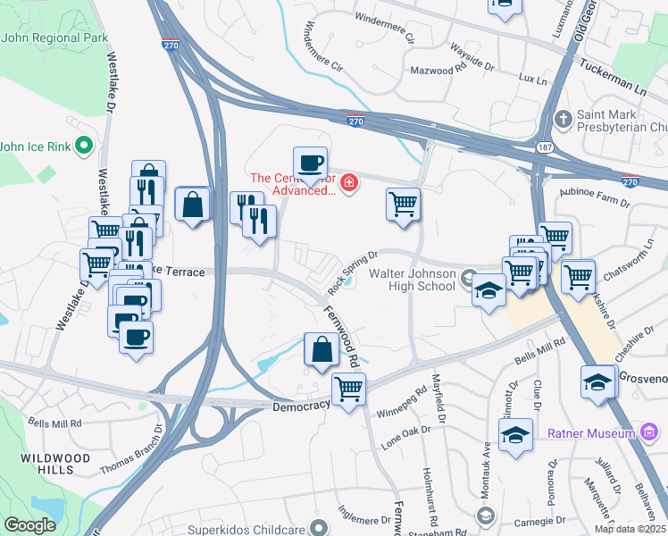 map of restaurants, bars, coffee shops, grocery stores, and more near 6565 Rock Spring Drive in Bethesda