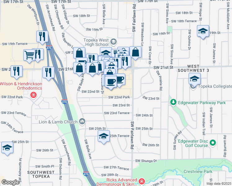 map of restaurants, bars, coffee shops, grocery stores, and more near 5333 Southwest 22nd Place in Topeka