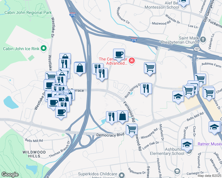 map of restaurants, bars, coffee shops, grocery stores, and more near 10457 Fernwood Road in Bethesda