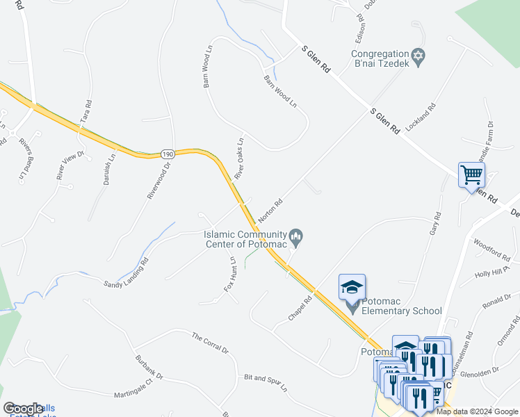 map of restaurants, bars, coffee shops, grocery stores, and more near 10100 Norton Road in Potomac