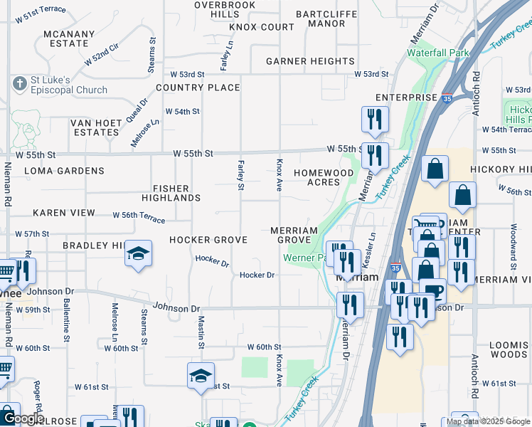 map of restaurants, bars, coffee shops, grocery stores, and more near 9801 West 56th Terrace in Shawnee