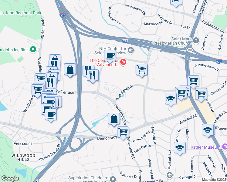 map of restaurants, bars, coffee shops, grocery stores, and more near 6625 Eames Way in Bethesda