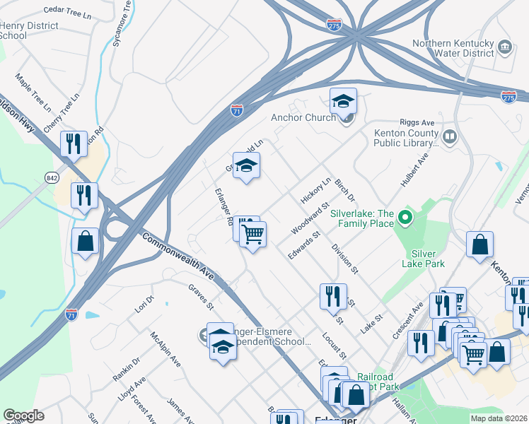 map of restaurants, bars, coffee shops, grocery stores, and more near 3213 Riggs Road in Erlanger