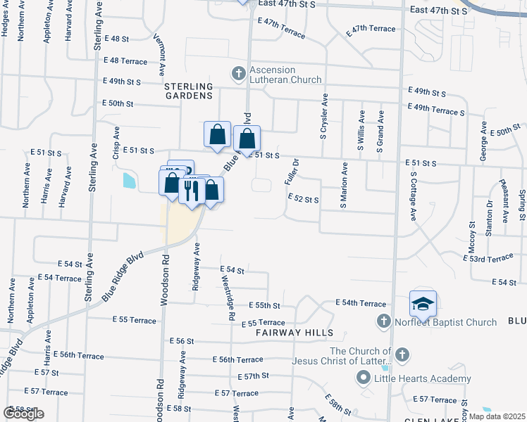 map of restaurants, bars, coffee shops, grocery stores, and more near 5224 Fuller Drive in Kansas City