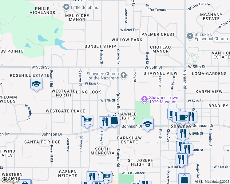 map of restaurants, bars, coffee shops, grocery stores, and more near 5537 Earnshaw Street in Shawnee