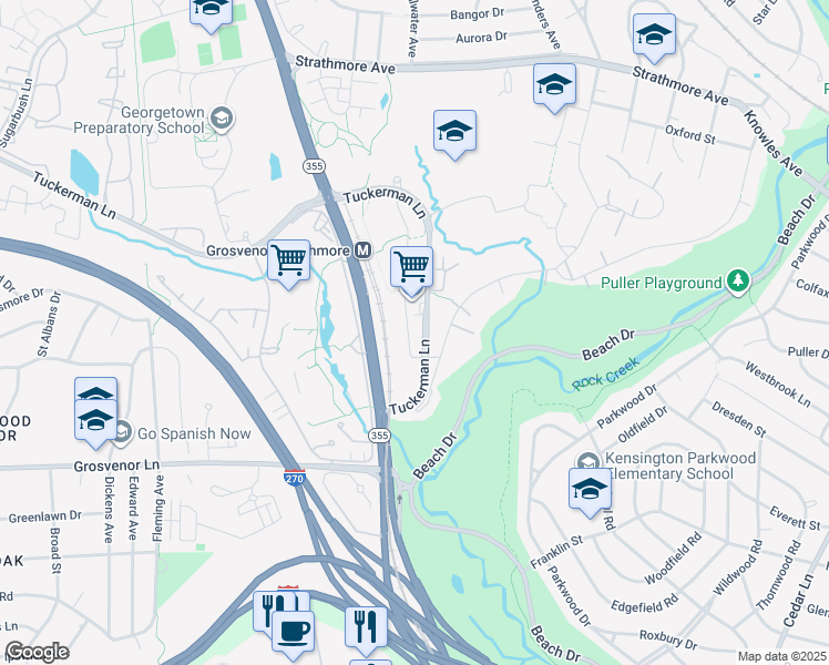 map of restaurants, bars, coffee shops, grocery stores, and more near 10301 Strathmore Hall Street in Rockville