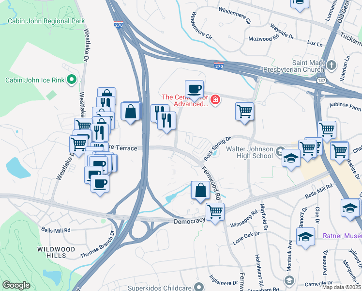 map of restaurants, bars, coffee shops, grocery stores, and more near 10459 Fernwood Road in Bethesda