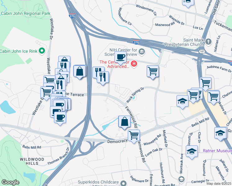 map of restaurants, bars, coffee shops, grocery stores, and more near 6704 Eames Way in Bethesda