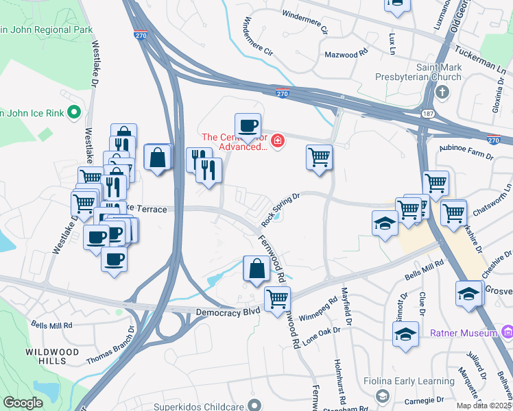 map of restaurants, bars, coffee shops, grocery stores, and more near 6623 Eames Way in Bethesda