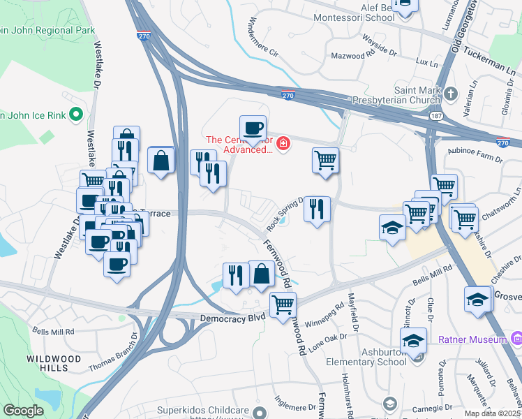 map of restaurants, bars, coffee shops, grocery stores, and more near 6623 Eames Way in Bethesda