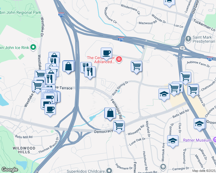 map of restaurants, bars, coffee shops, grocery stores, and more near 10372 Jacobsen Street in Bethesda