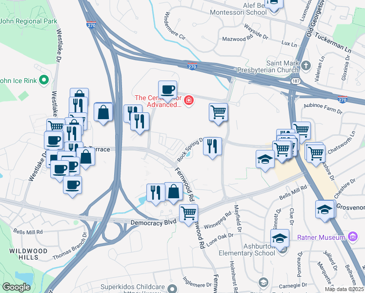 map of restaurants, bars, coffee shops, grocery stores, and more near 6561 Rock Spring Drive in Bethesda