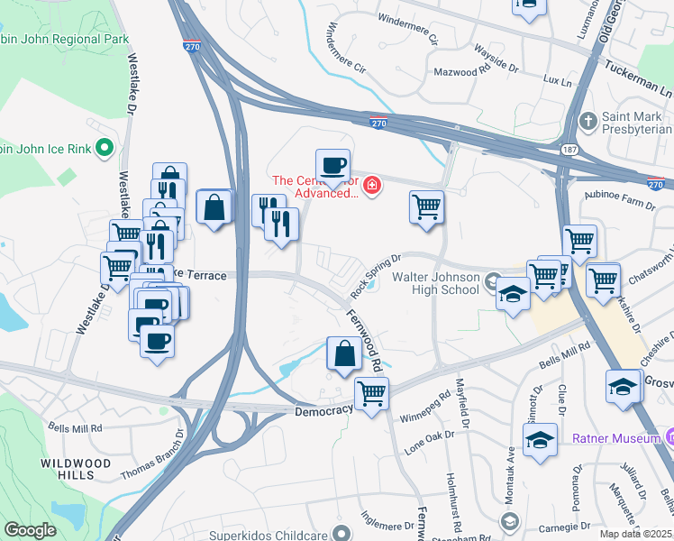map of restaurants, bars, coffee shops, grocery stores, and more near 10372 Jacobsen Street in Bethesda