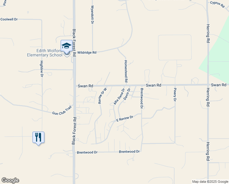 map of restaurants, bars, coffee shops, grocery stores, and more near 13430 Sierra Madre Road in Colorado Springs