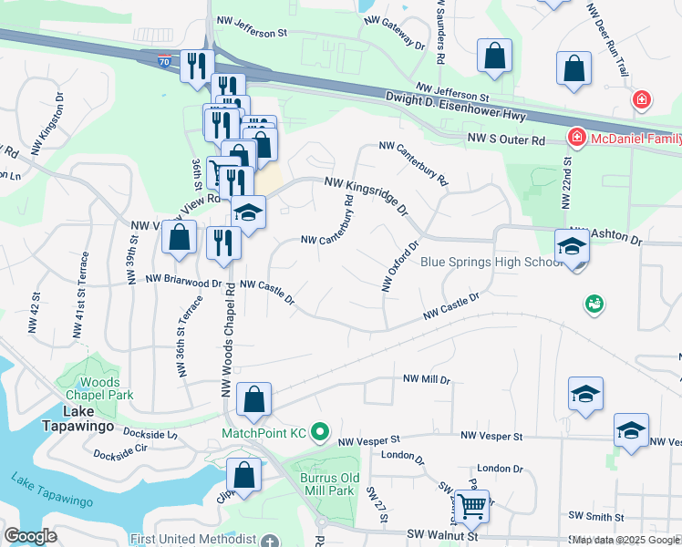 map of restaurants, bars, coffee shops, grocery stores, and more near 3009 Northwest Bristol Court in Blue Springs