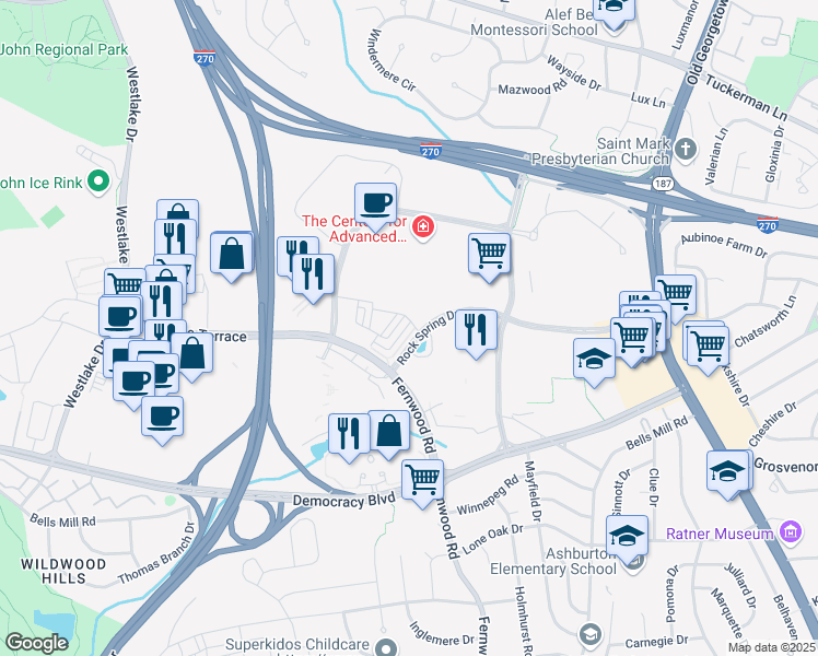 map of restaurants, bars, coffee shops, grocery stores, and more near 6559 Rock Spring Drive in Bethesda