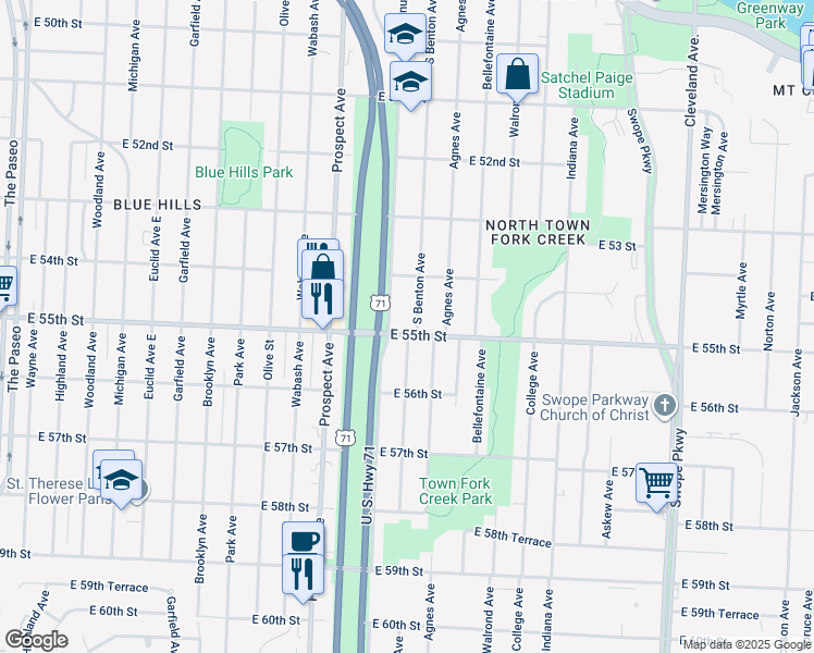 map of restaurants, bars, coffee shops, grocery stores, and more near 5421 Chestnut Avenue in Kansas City