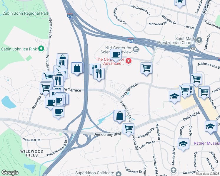 map of restaurants, bars, coffee shops, grocery stores, and more near 6712 Eames Way in Bethesda