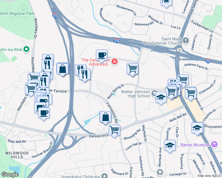 map of restaurants, bars, coffee shops, grocery stores, and more near 6559 Rock Spring Drive in Bethesda
