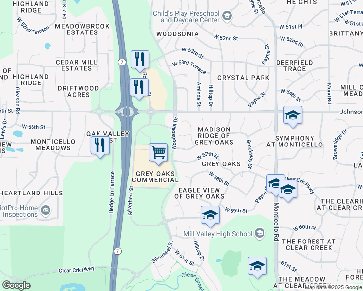 map of restaurants, bars, coffee shops, grocery stores, and more near 22509 West 55th Terrace in Shawnee