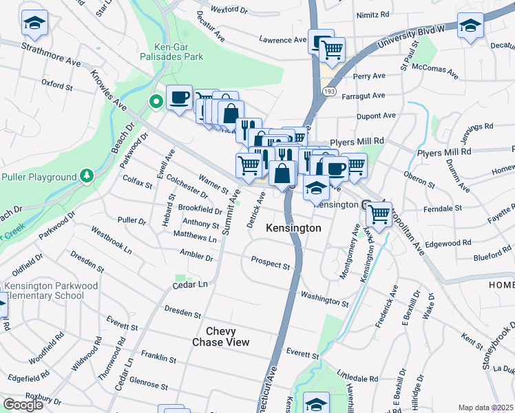map of restaurants, bars, coffee shops, grocery stores, and more near Warner Street in Kensington