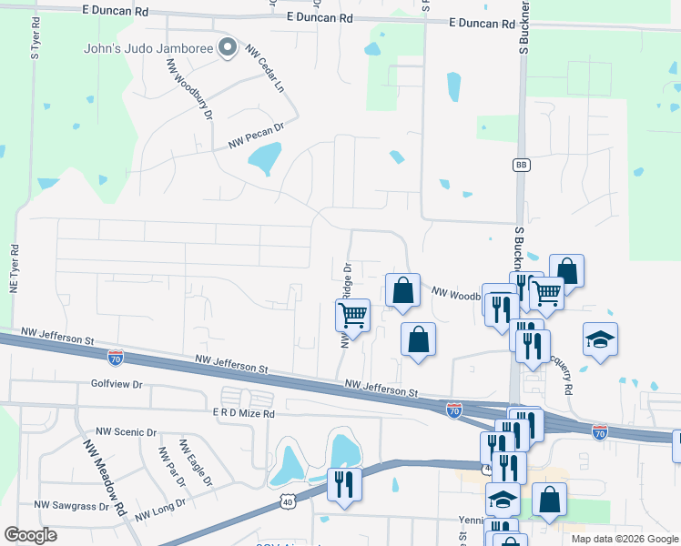 map of restaurants, bars, coffee shops, grocery stores, and more near 1212 Northwest Valley Ridge Drive in Grain Valley