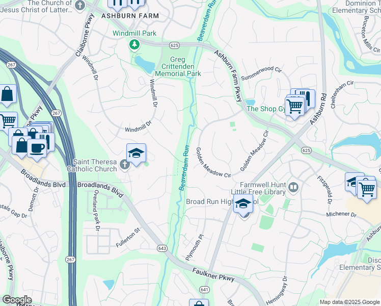 map of restaurants, bars, coffee shops, grocery stores, and more near 43514 Golden Meadow Circle in Ashburn