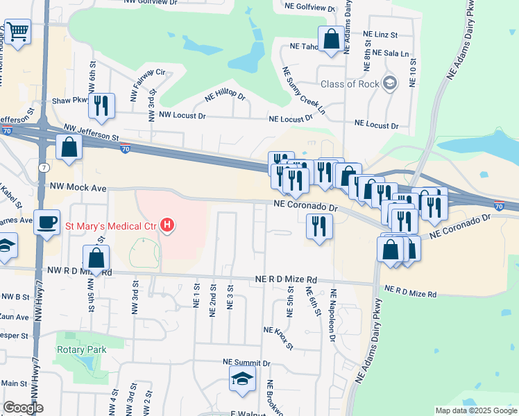 map of restaurants, bars, coffee shops, grocery stores, and more near 305 Northeast Mock Avenue in Blue Springs