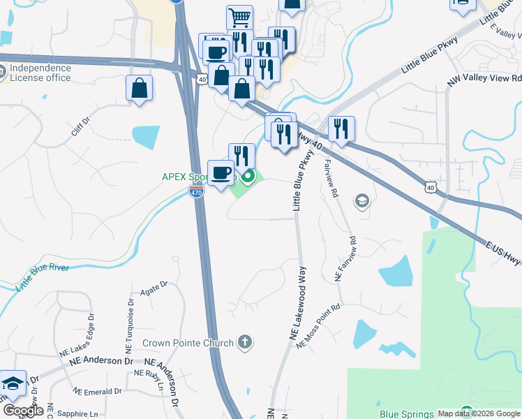 map of restaurants, bars, coffee shops, grocery stores, and more near 19300 East 50th Terrace in Independence