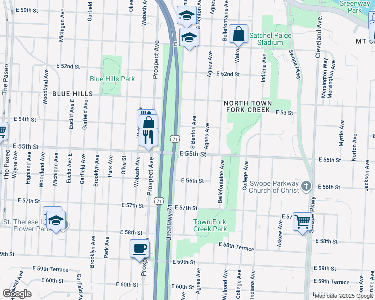 map of restaurants, bars, coffee shops, grocery stores, and more near 5421 Chestnut Avenue in Kansas City