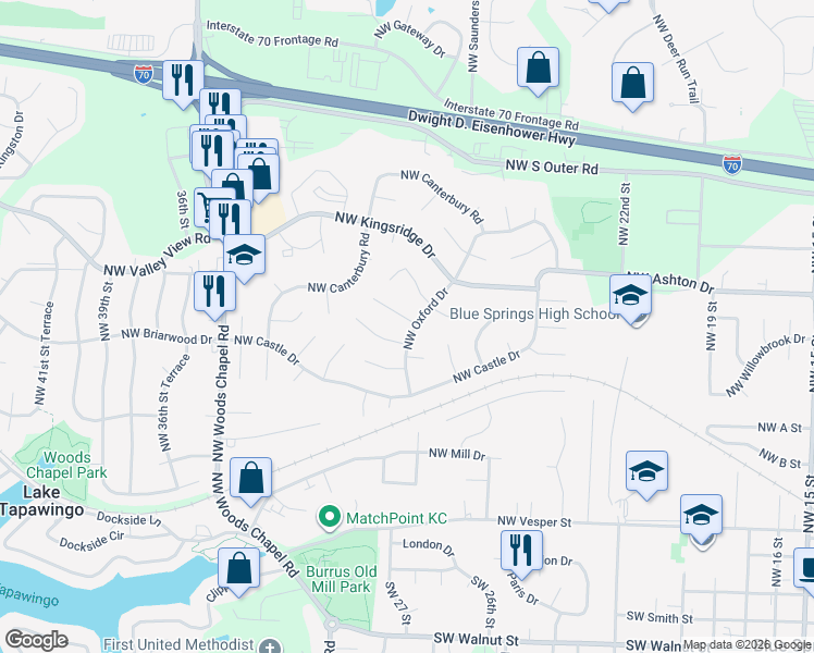 map of restaurants, bars, coffee shops, grocery stores, and more near 2900 Northwest Milford Place in Blue Springs