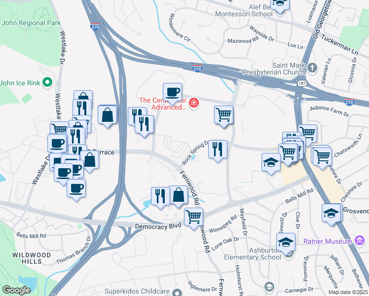 map of restaurants, bars, coffee shops, grocery stores, and more near 6610 Eames Way in Bethesda