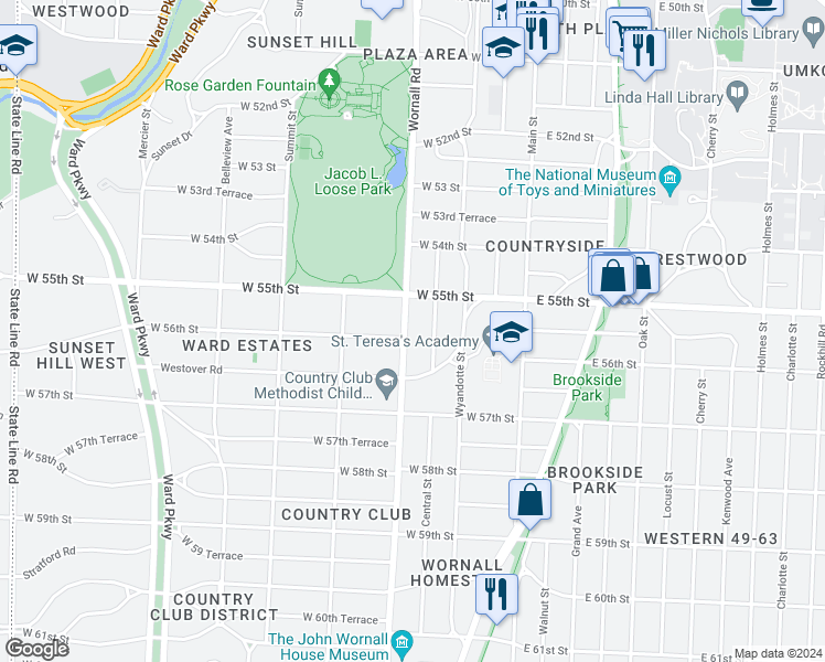 map of restaurants, bars, coffee shops, grocery stores, and more near 5525 Wornall Road in Kansas City