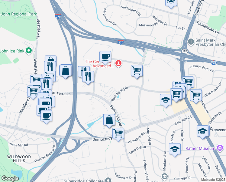 map of restaurants, bars, coffee shops, grocery stores, and more near 6608 Eames Way in Bethesda
