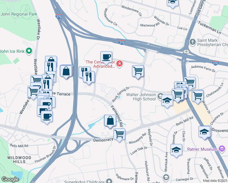 map of restaurants, bars, coffee shops, grocery stores, and more near 6602 Eames Way in Bethesda