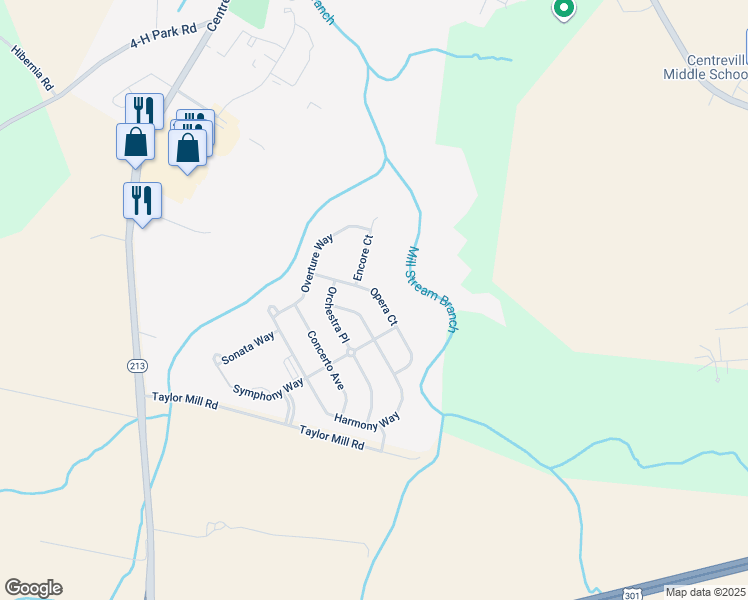 map of restaurants, bars, coffee shops, grocery stores, and more near 239 Opera Court in Centreville