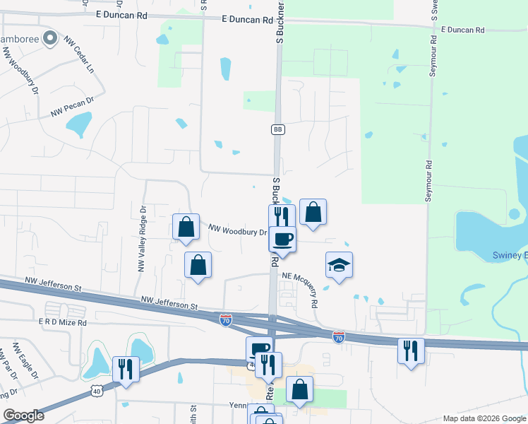 map of restaurants, bars, coffee shops, grocery stores, and more near 4726 South Buckner Tarsney Road in Grain Valley