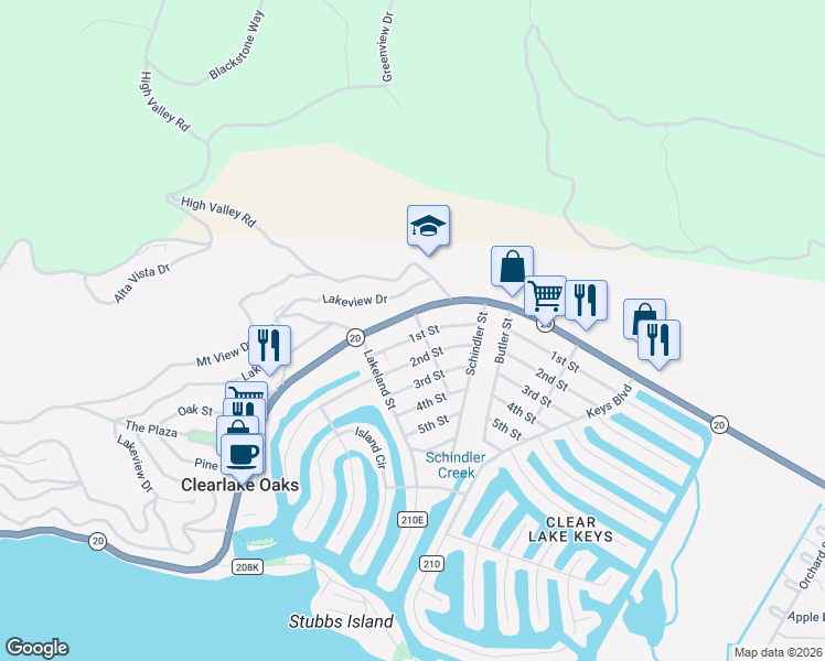 map of restaurants, bars, coffee shops, grocery stores, and more near 12897 State Highway 20 in Clearlake Oaks