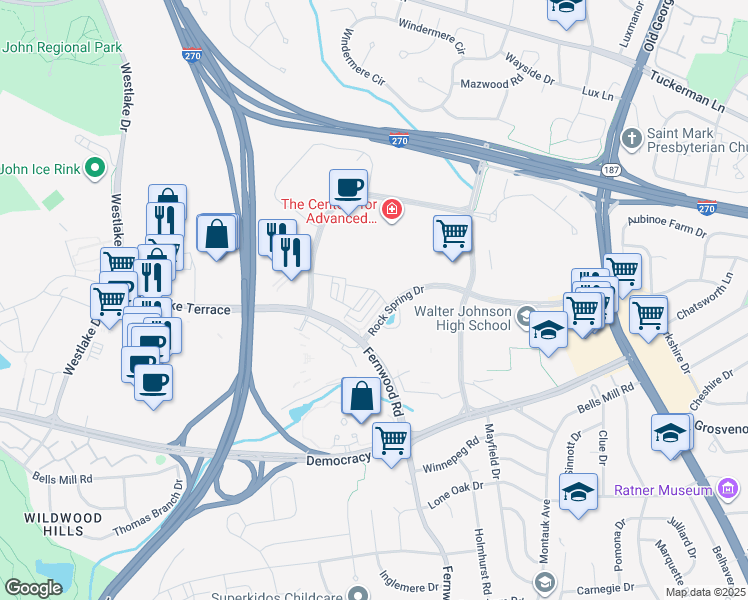 map of restaurants, bars, coffee shops, grocery stores, and more near 6608 Eames Way in Bethesda