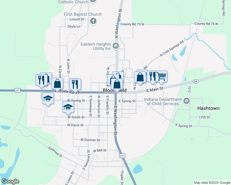 map of restaurants, bars, coffee shops, grocery stores, and more near in Bloomfield
