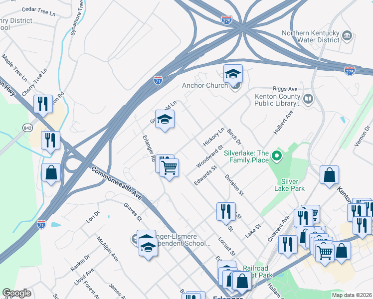 map of restaurants, bars, coffee shops, grocery stores, and more near 3213 Riggs Road in Erlanger